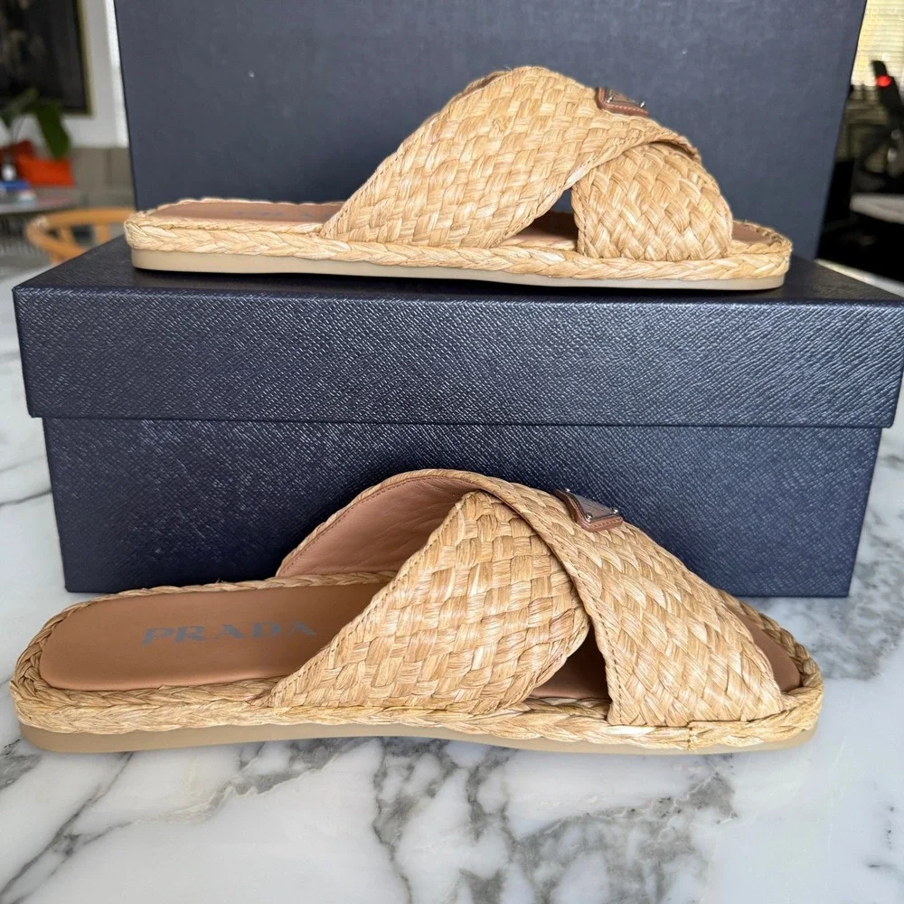 Prada 2X3142 Mens Woven Raffia Cross Strap Slide Sandals Beige Tan UK 7 (FIT LG)